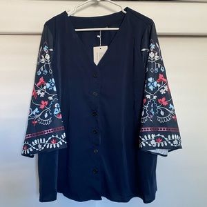 Bloomchic Floral Patchwork Bell Sleeve Button V Neck Blouse